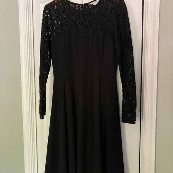 Boden Floral Lace Upper A-Line Pleated Longsleeve Black Dress - Size 6 R - Picture 3 of 11
